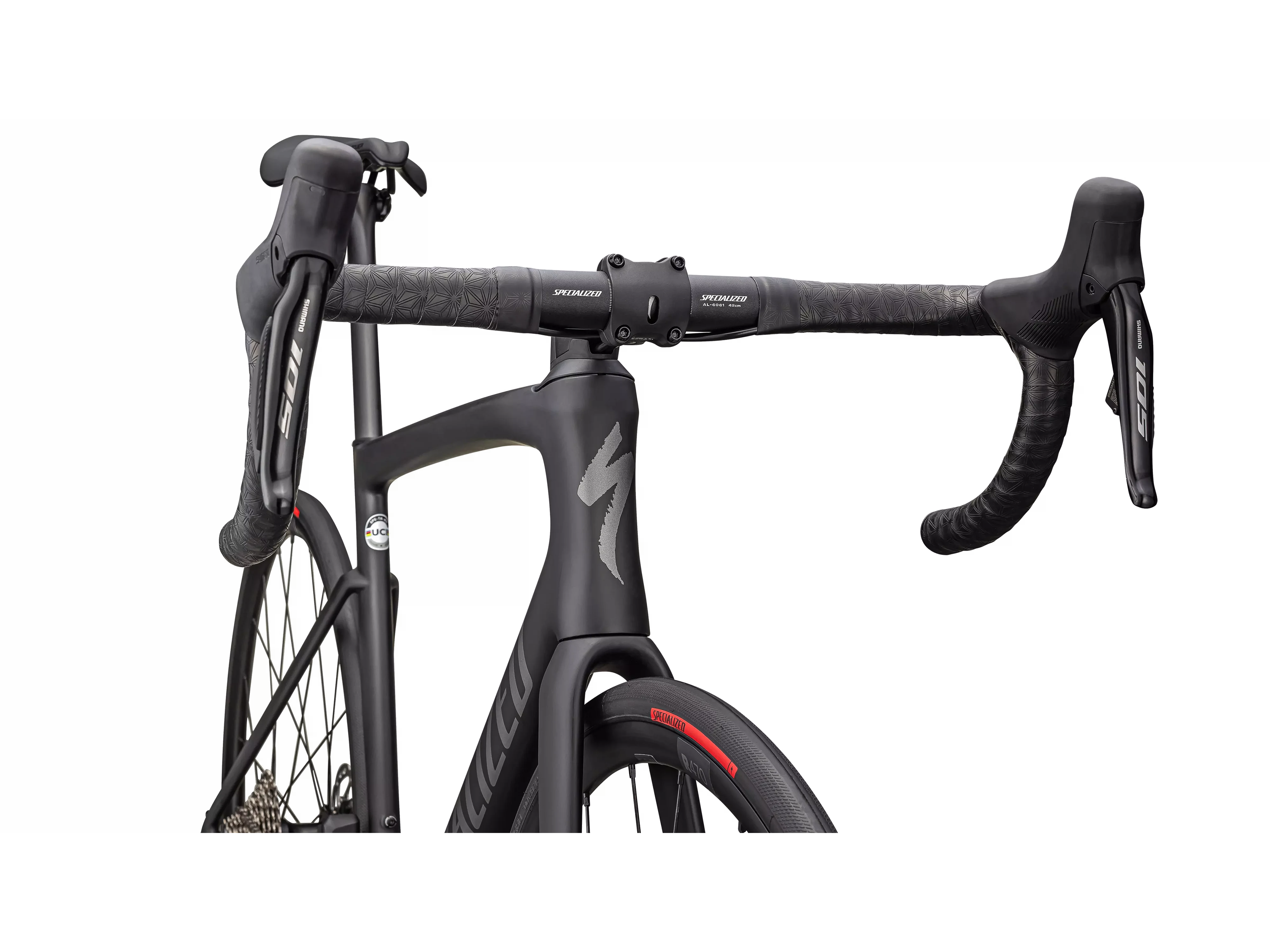 TARMAC SL7 COMP_Shimano 105 Di2_SATIN OBSIDIAN_SMOKE_FRONT DETAIL2.webp