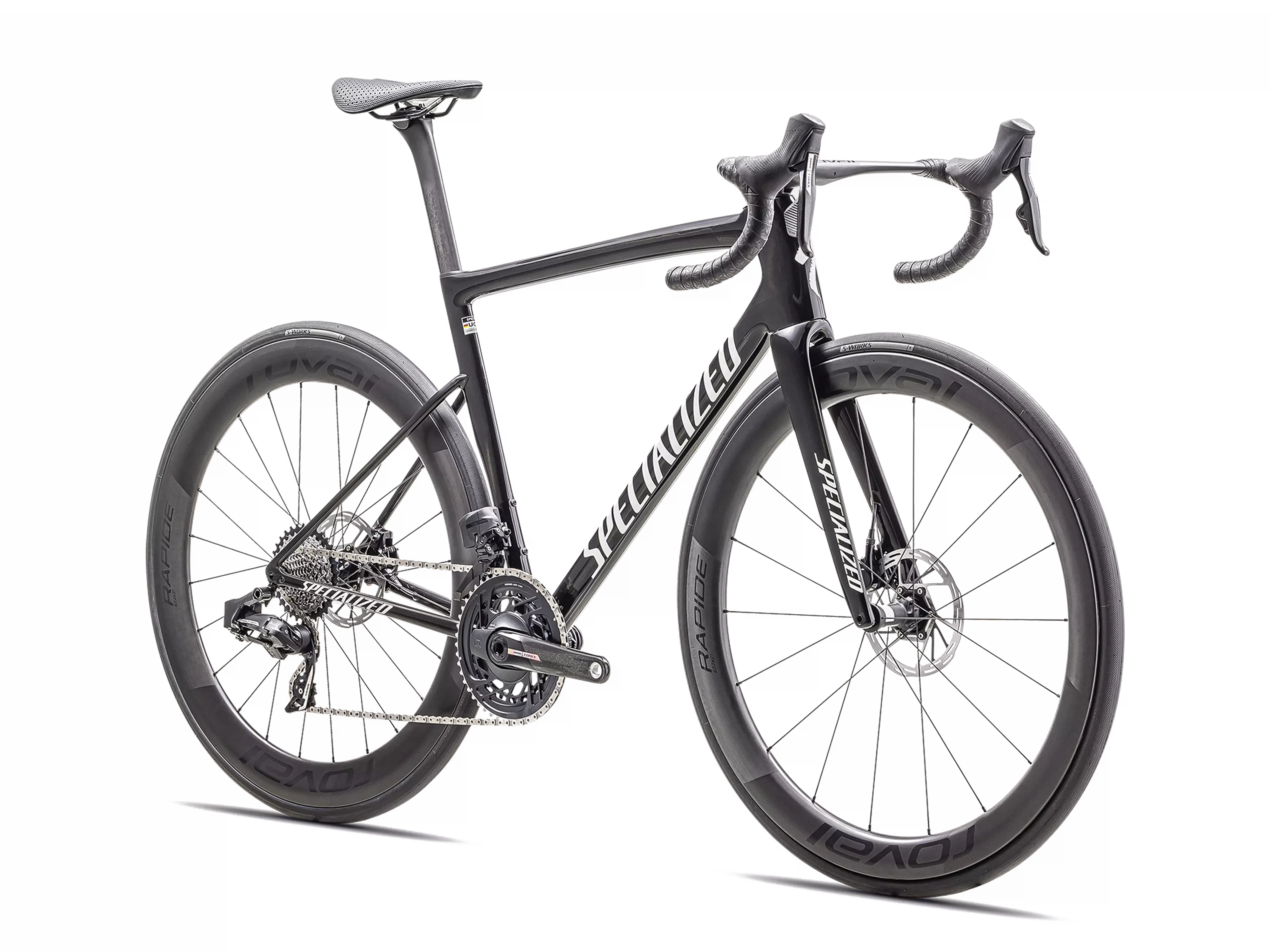Tarmac SL8 Pro - SRAM Force eTap AXS 2025_Gloss Carbon : Metallic White Silver_Front.webp