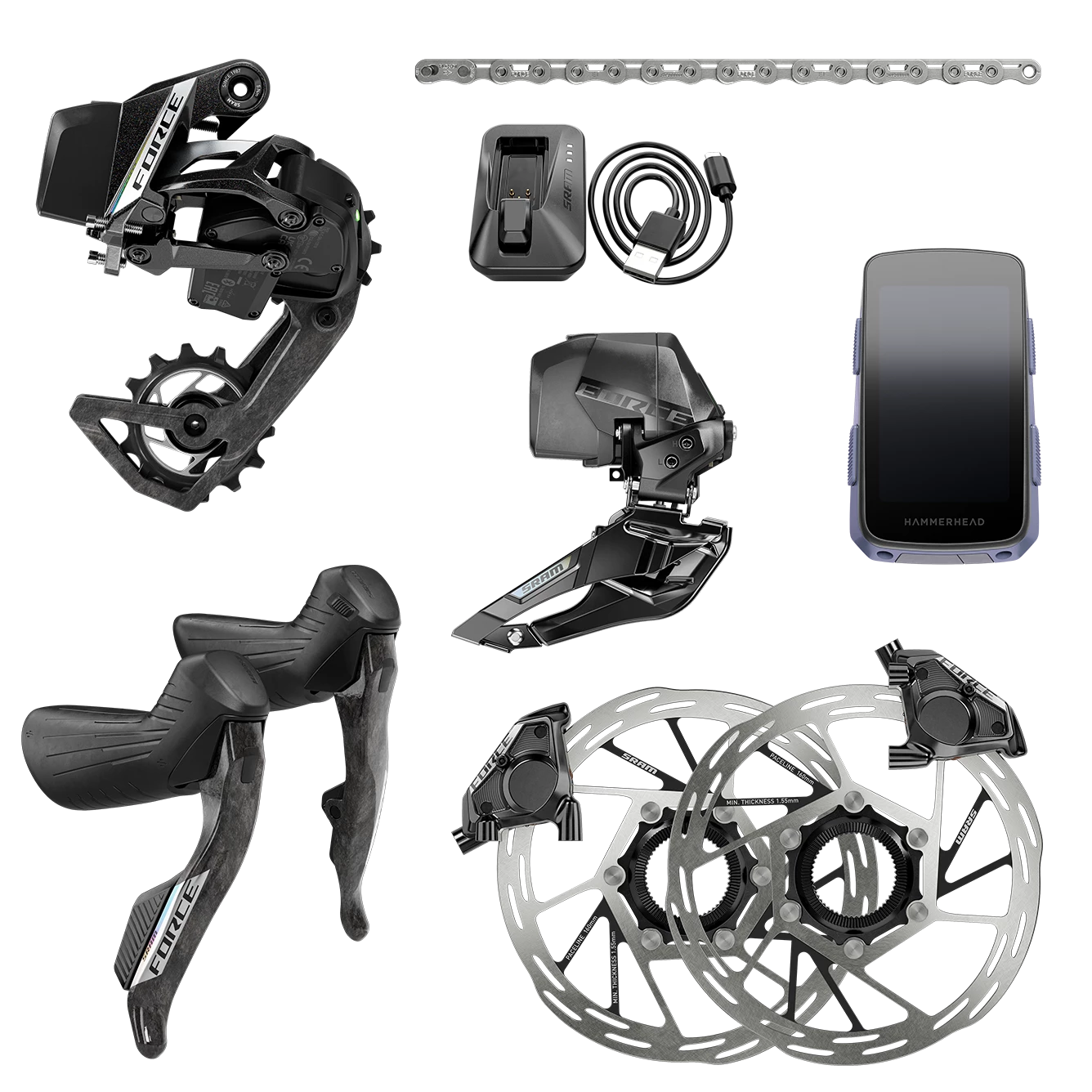 SRAM Force eTap AXS Road Groupset - 2x12-Speed, HRD Shift/Brake Levers, FM Calipers, Rotors, Chain, F/R Derailleurs, Hammerhead Karoo, E1